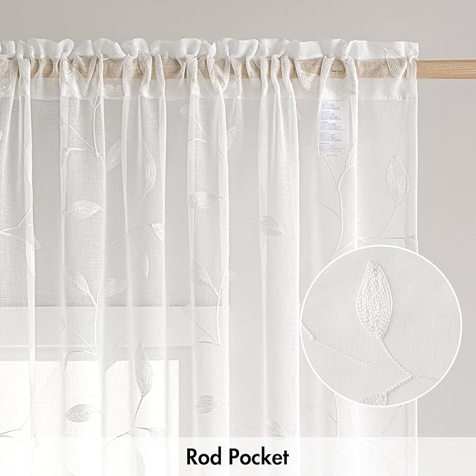 MIULEE White Sheer Curtains 2 Panels Embroidered Leaf Patterned Rod Pocket Floral Semi Sheer Faux Linen Window Curtains Drapes Set for Living Room Bedroom Dining Room, 52x96 Inches Long