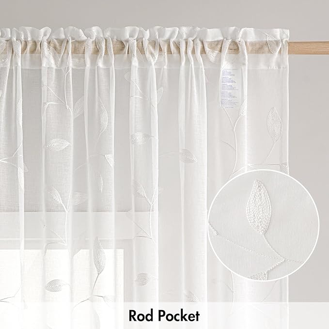 MIULEE White Sheer Curtains 2 Panels Embroidered Leaf Patterned Rod Pocket Floral Semi Sheer Faux Linen Short Window Curtains Drapes Set for Kitchen Living Room Bedroom, 52x54 Inches Length