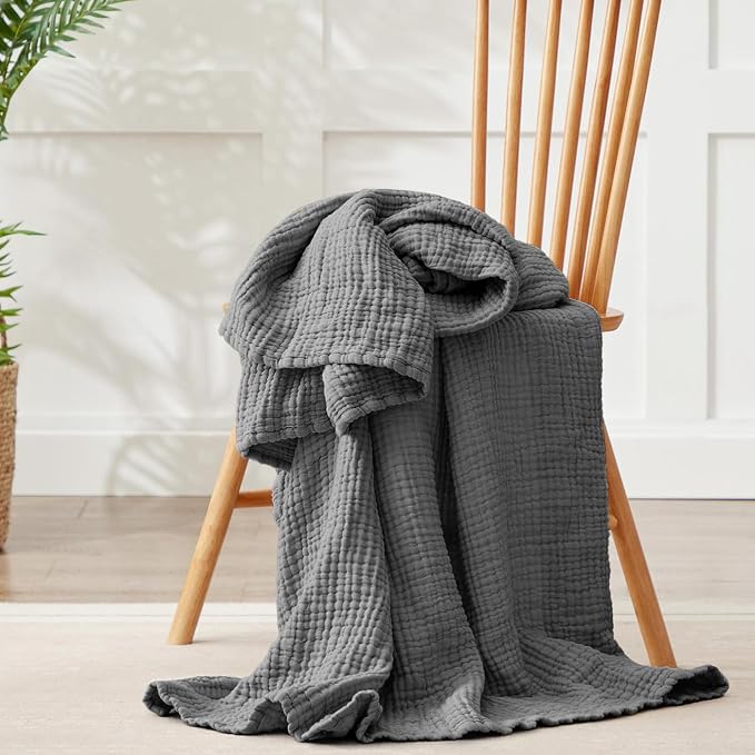 100% Cotton Muslin Blanket Large 50" x 70", Breathable and Lightweight Cotton Throw Blanket for Bed and Couch, Soft Cooling Summer Gauze Blanket for Adults All Season, Dark Grey