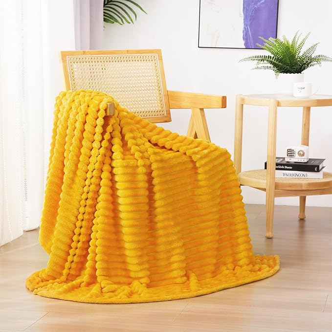 Gold Fleece Throw Blanket 50”×70” for Couch Sofa Livingroom | Super Soft Cozy Plush Microfiber Flannel Bed Blanket Striped Design Lightweight Home Decor Gifts for Adults Mom Women
