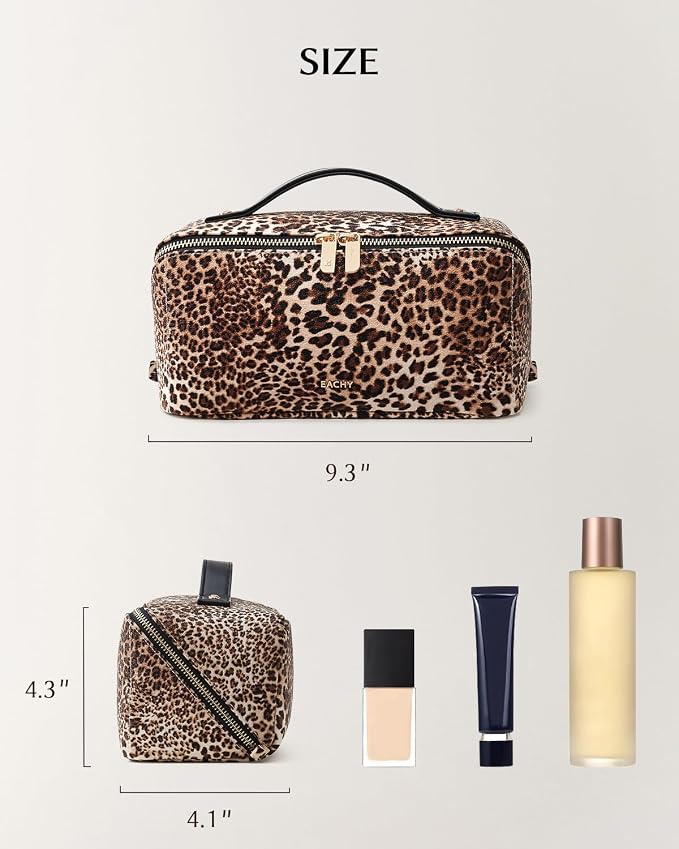 EACHY Travel Makeup Bag, Large Capacity Cosmetic Bag for Women, Waterproof PU Leather, Flat Open Portable Toiletry Bag for Skincare, Brushes & Travel Essentials