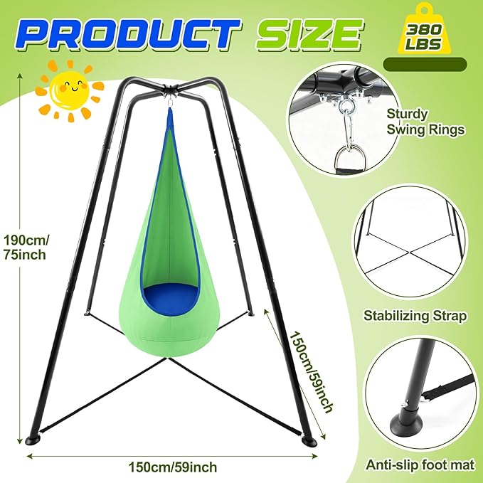 Sensory Swing Stand Frame with Pod Chair and Swings Set Kid Heavy Duty Metal Swing Stands Autism Hammock Chair Stand Tree Saucer Round for Kid Adult Indoor Outdoor Backyard Park(Grass Green)