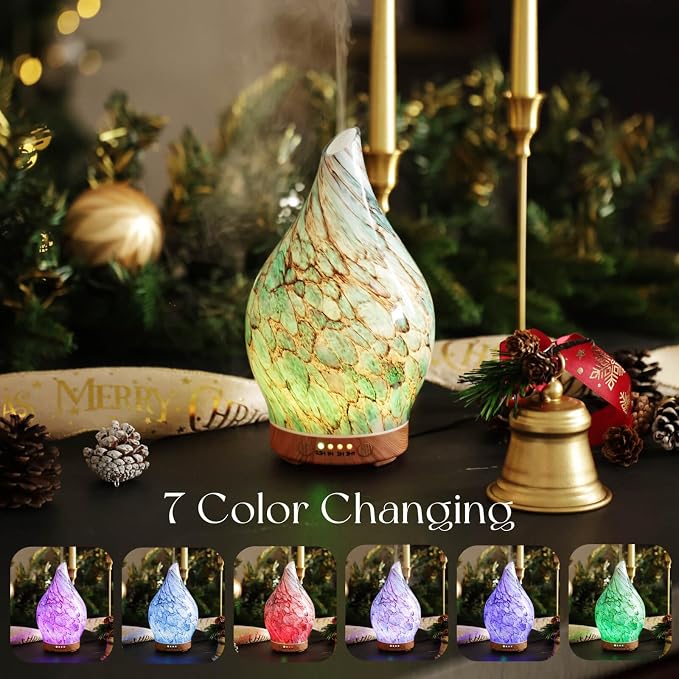 Porseme 150ml Essential Oil Diffuser Hand-Blown Glass Aroma Diffusor, Aromatherapy Unltrasonic Cool Mist deffuser, 7 Color Changing, Waterless Shut-Off, Timer Function for Home Office(Light Blue)