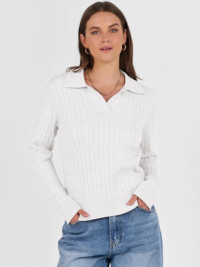 ANRABESS Womens Cable Knit Sweaters Long Sleeve V Neck | Pullover Collared Sweater Tops, Polo Knit Shirts, Business Casual Work, Tennis Golf, Fall Winter Fashion Outfits