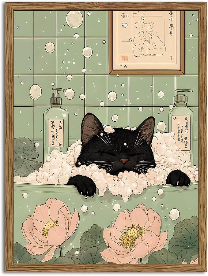 Funny Japanese Black Cat Bathroom Wall Art, Cute Black Cat in Bathtub Wall Decor Picture, Whimsical Japan Animal Bathroom Poster Canvas Prints Painting Artwork 12x16 inch Framed