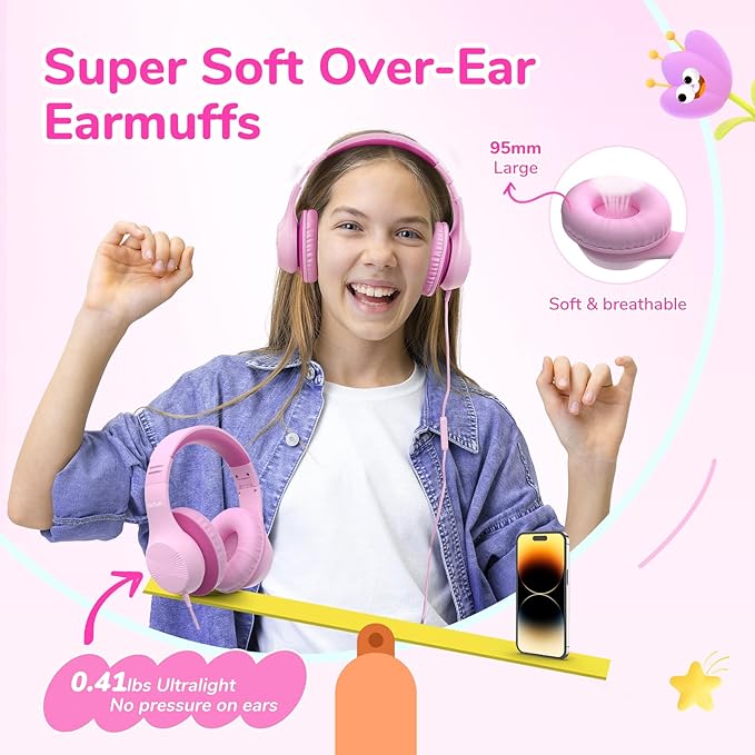 EarFun K3 Kids Headphones, Over Ear Headphones with Microphones, 85/94dB Safe Volume Limit, HD Stereo Sound, 3.5mm Jack, Foldable Wired Headphones for School/Travel/Boys/Girls/Tablet/iPad, Pink