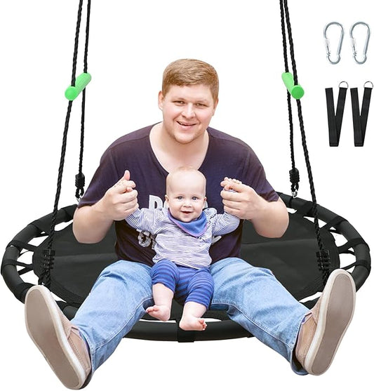 YSEJOMP Black Round Saucer Swing with Handles -Made of Sturdy Frame,PP Mat,Adjustable Multi-Strand Ropes,Safe and Durable for Yard Garden Playground Park (Black+Extra Straps, 40 inches)
