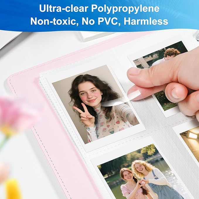 Refillable PU Leather Album A5 Photocard Binder with Adjustable Page,200 Pockets,Compatible with Fujifilm Instax Mini 12 11 9 40 99 90 8 7 Evo LiPlay,Polaroid Snap PIC-300 Z2300 Instant Cameras (Pink)