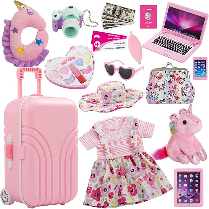 18 Inch Doll Suitcase Travel Luggage Play Accessories, Doll Clothes Accessories Carrier Storage Set, Case, Hat, Sunglasses, Camera, Pillow, Toy Pet