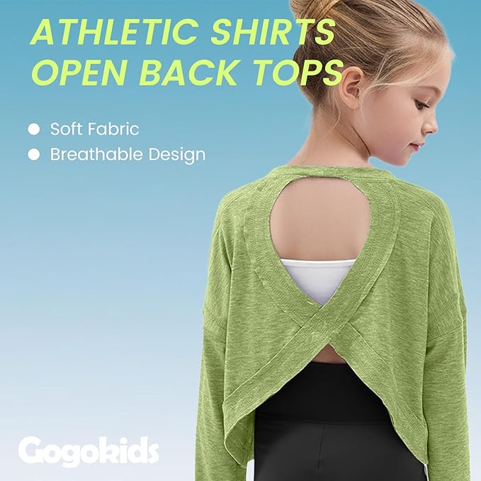 Gogokids Girls Shirts Long Sleeve Athletic Shirts Open Back Tops Active Sports Tshirts Yoga Workout Crop Tees 5-14 Years
