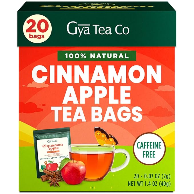 Gya Tea Co Apple Cinnamon Herbal Tea Bags (20 Bags) - Caffeine Free with a Tangy Flavor for All Day Comfort, Calming, Relaxing & Nourishing - Fruit & Herbal Blends