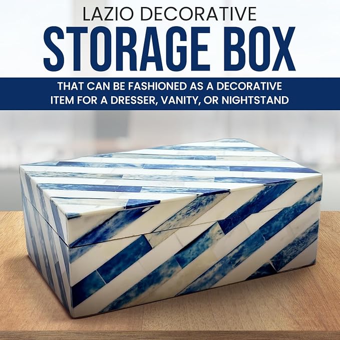 Perilla Home Home Decor Decorative Storage Wooden Box Small Lazio Organizer Tool Stash Card Craft Treasure Trinket Memory Keepsake Jewelry Box for Men and Women, Gifts For All, Blue and Off White