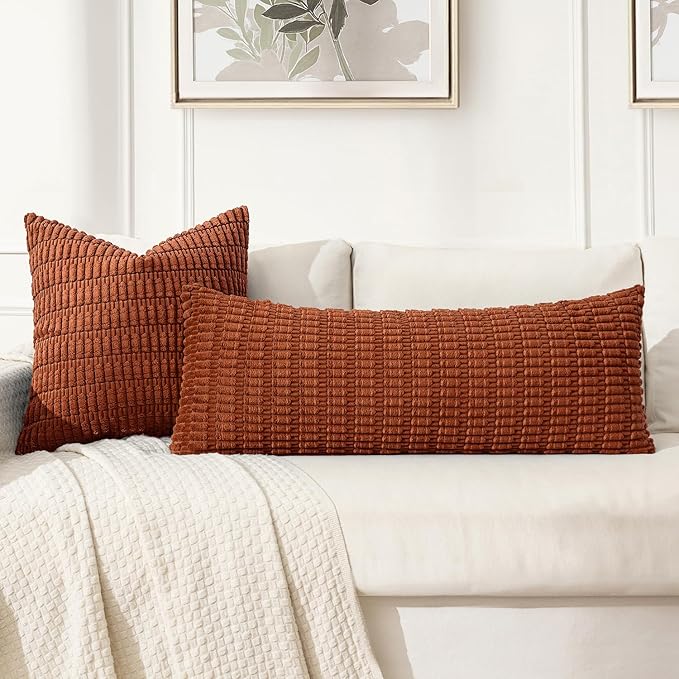 MIULEE Fall Lumbar Corduroy Throw Pillow Cover for Bed 14x36 Dark Rust | Terracotta Soft Long Decorative Cushion Cover Boho Farmhouse Accent Pillowcase Sofa Couch Livingroom Autumn Home Decor