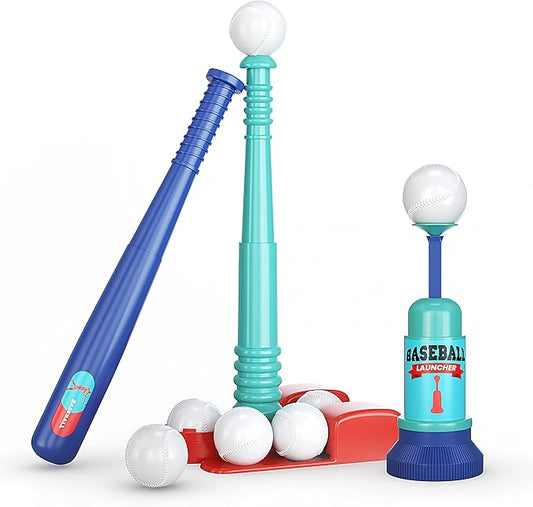 TOMLEON T Ball Stand for Kids and Toddlers 1-3, 3-5, 5-8. Baseball Set With 6 Large Balls, Adjustable Tball Batting Tee, and Pitching Machine. T-Ball Sets With Bat and Ball