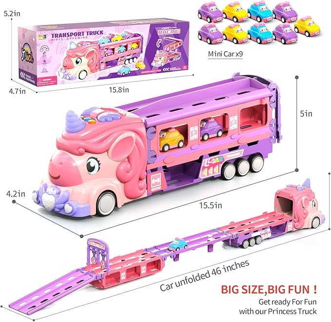 Car Toys for 3 4 5 6 7 Year Old Toddler Girl, Unicorn Toys Truck & Foldable Race Track W/Light & Sound, Friction Power Toy Cars W/ 9 Princess Cars, Birthday Gift for Kids Girls Age 4-6