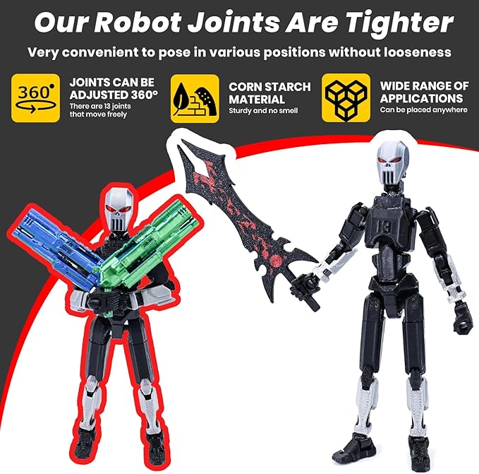 T13 Action Figure Set, 3D Printed Toy T13, Dummy 13 Titan 13,t13 Action Figure Accessories，Death Cape, Skeleton Robot, Cool Robot Stop Motion Animation Figure (Gray-Black)