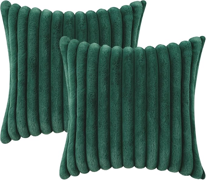 decorUhome Fall Faux Fur Throw Pillow Covers 20x20 Set of 2 Christmas Green | Decorative Soft Cozy Striped Plush Modern Farmhouse Boho Couch Pillow Cases Velvet Back for Sofa Bed Living Room Home Decor
