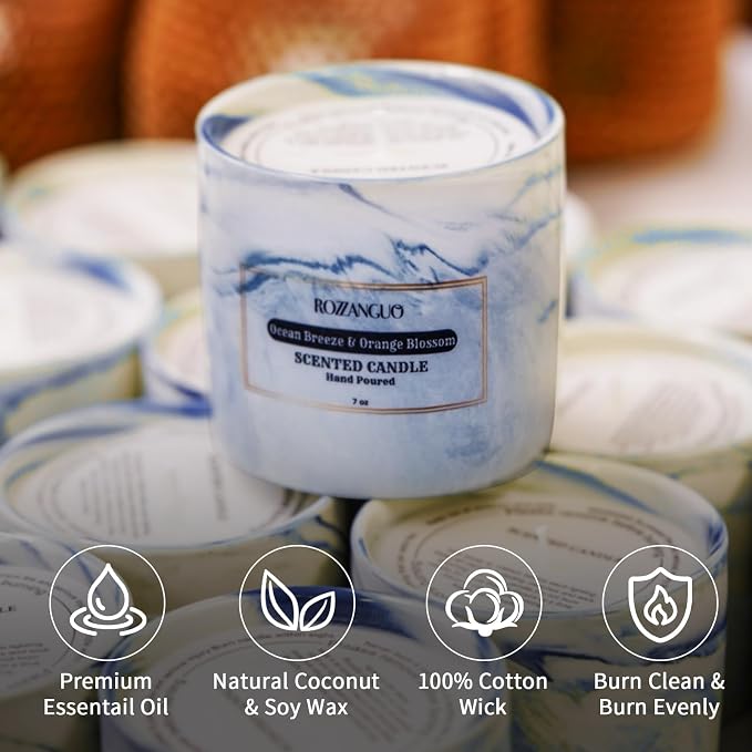 Luxury Marble Jar Scented Candle | Women Men | Non Toxic 100% Natural Coconut & Soy Wax Blend Cotton Wick | Hand Poured Highly Scented Long Lasting (Ocean Breeze & Orange Blossom, 7 Ounces)