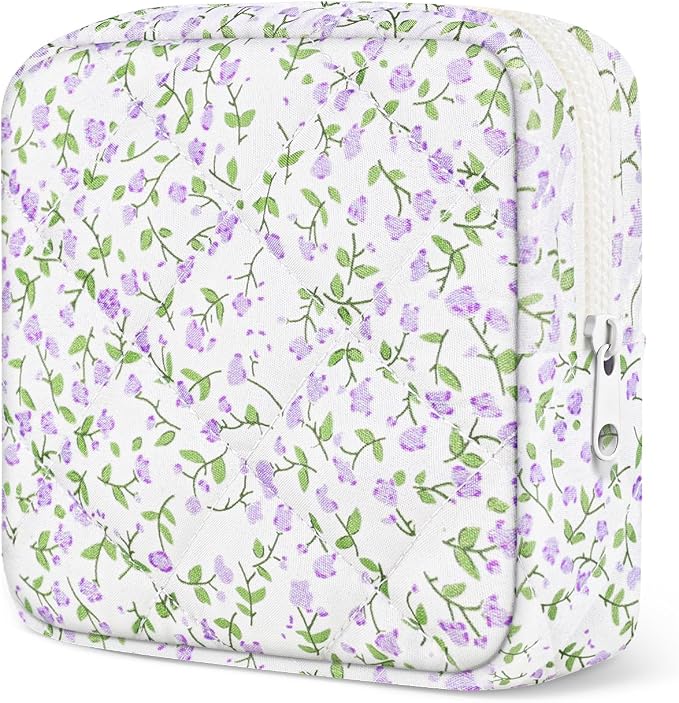 Likesing Quilted Period Bag, Period Pouches for Teen Girls Womens, Portable Floral Print Sanitary Napkin Storage Bag Feminine Emergency Tampon Pad Pouch(Purple Floral)