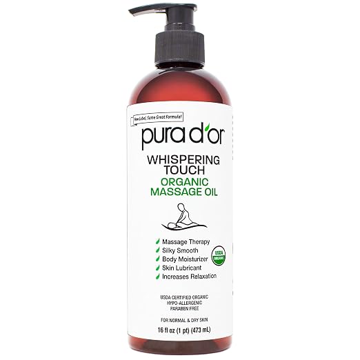 PURA D'OR 16 Oz Organic Massage Therapy Oil USDA Certified Body Moisturizer & Skin Lubricant for Aromatherapy & Relaxation, Silky & Softer Skin (Packaging May Vary)