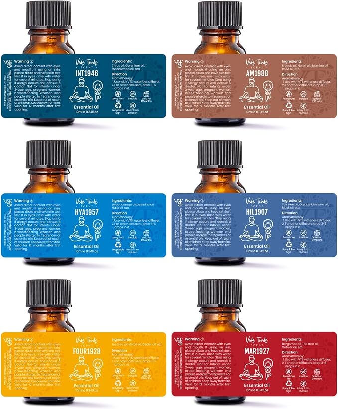 VTS Waterless Diffuser with Hotel Scent Essential Oils Set, Top 6 Aromatherapy Oil Blends for Diffusers, Home Fragrance Air Freshener