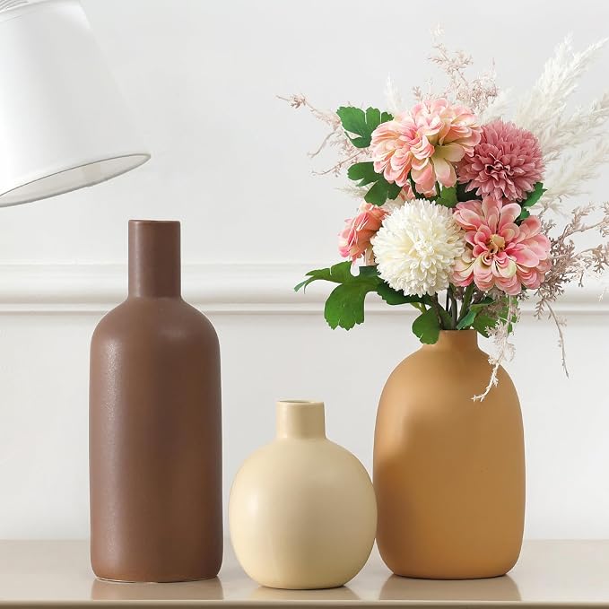 Large Ceramic Vase Set of 3, Brown Rustic Vases Home Decor Waterproof | Farmhouse Vases for Pampas Grass & Dried Flowers and Table Living Room Home Decor