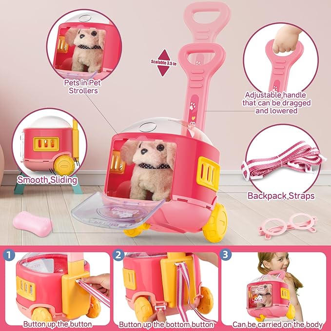 Dog Toys for Kids Girls with Puppy Stroller,Realistic Robot Interactive Stuffed Dog and 16 Pcs Toy Dog Accessories,Puppy Pet Care Pretend Play Set for 3 4 5 6 7 Year Old Toddler Girls Birthday Gifts