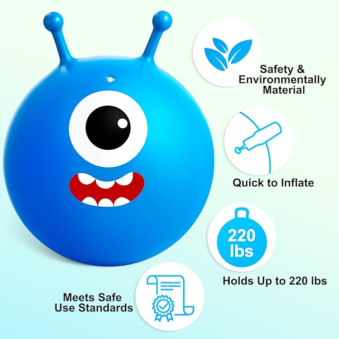 ZOOJOY Hopper Ball 2 Pack, 18In Bouncy Ball with Handle, Horn Hop Balls for Kids Ages 3-8, Alien & Blue Monster Hopping Toy Gifts for Boys & Girls, with Pump for Indoor Outdoor Play