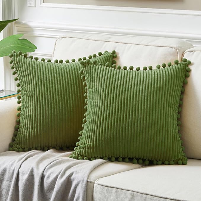 Fancy Homi Pack of 2 Moss Green Decorative Throw Pillow Covers 24x24 Inch with Pom-poms, Soft Corduroy Solid Square Cushion Covers for Couch Sofa Bedroom Car Living Room 60x60 cm
