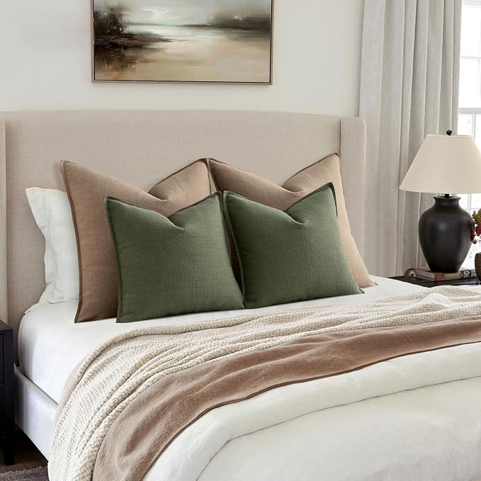 MIULEE Thick Textured Decorative Throw Pillow Covers 20x20 Inch Dark Green | Set of 2, Linen Blend Pillow Cover, Flange Edge Design, Farmhouse Modern Boho Style, Bed Couch Living Room Decor
