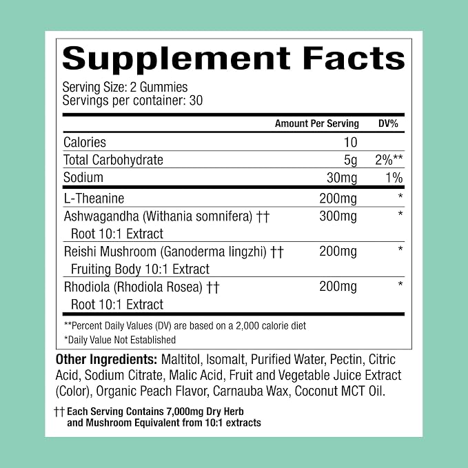 Plant People WonderCalm Mushroom & Ashwagandha Gummies - Natural Calm Gummies to Ease Stress & Boost Mood for Adults Without Sugar, Gluten or Artificial Colors, Vegan-Friendly, Peach Flavor, 60 Count