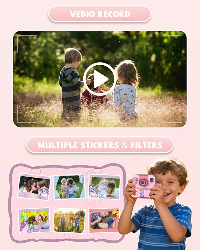Kids Camera Instant Print, Digital Camera for Kids, 180° Rotating Selfie Lens with 32GB SD Card & 2 Rolls Printing Paper Kids Toy Birthday Gifts for Boys Girls Ages 3-12, Pink