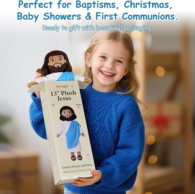 Apragaz 13" Jesus Plush Doll, Jesus Plushies for Kids, Soft & Comfort Christian Toy, Christian Faith Plushie Faith-Based Gift for Boys Girls, Sunday School, Bible Learning, Easter & Christmas(Blue)