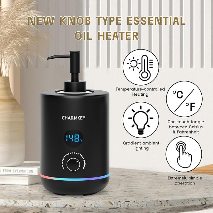CHARMKEY Massage Oil Warmer Black, 2 Oil Bottle Dispensers & 2 Silicone Funnels, Digital Heater for SPA, Oil Lotion Cream for Salon, Barber Shops, Home, Automatic Lotion Warmer