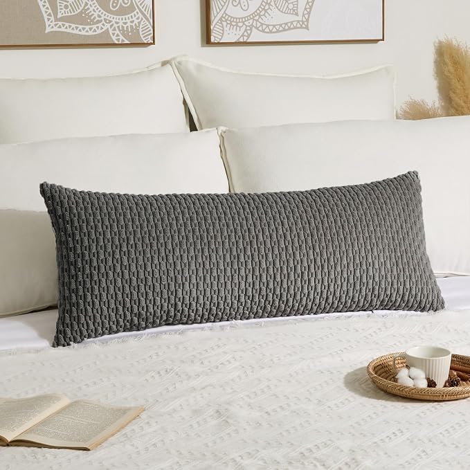 Kevin Textile Soft Corduroy 14"x36" Lumbar Pillow Cover 1 Pack, Dark Grey | Boho Stripe Plush Corduroy Decorative Oblong Cushion Cover Modern Farmhouse Home Decor for Sofa Couch Bed Chair