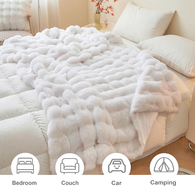 LIFEREVO Luxury Fluffy Faux Rabbit Fur Throw Blanket 50x60, White | Plush Shaggy Bubble Blanket for Bed Couch Sofa Office, Decorative Soft Cute Furry Lap Throw for Kids Teens Adults, Washable