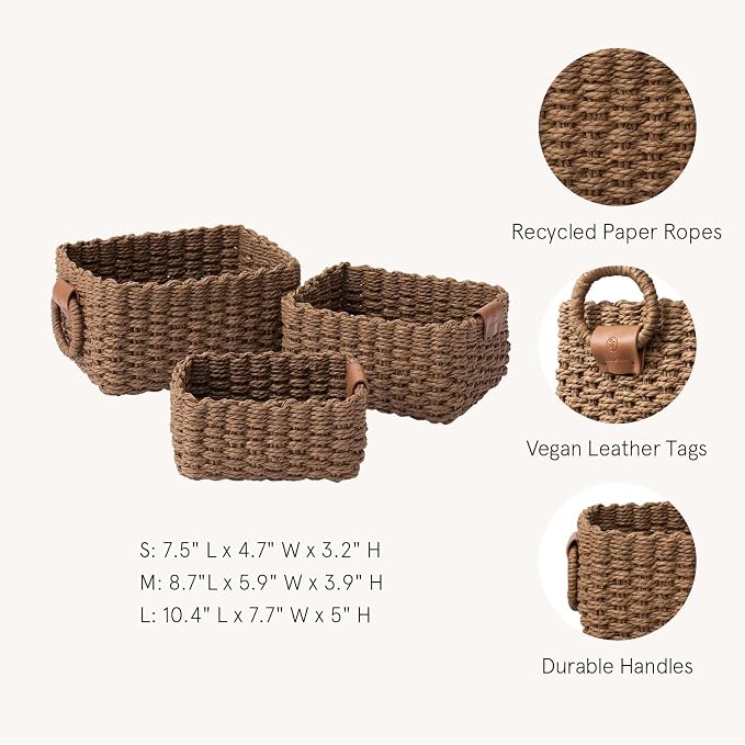 LA JOLIE MUSE Small Wicker Baskets for Organizing, Brown 3 Pack | Decorative Organizer with Vegan Leather Tag, Round Handle, Storage Baskets for Shelves, Bedroom, Kitchen, Office and Home