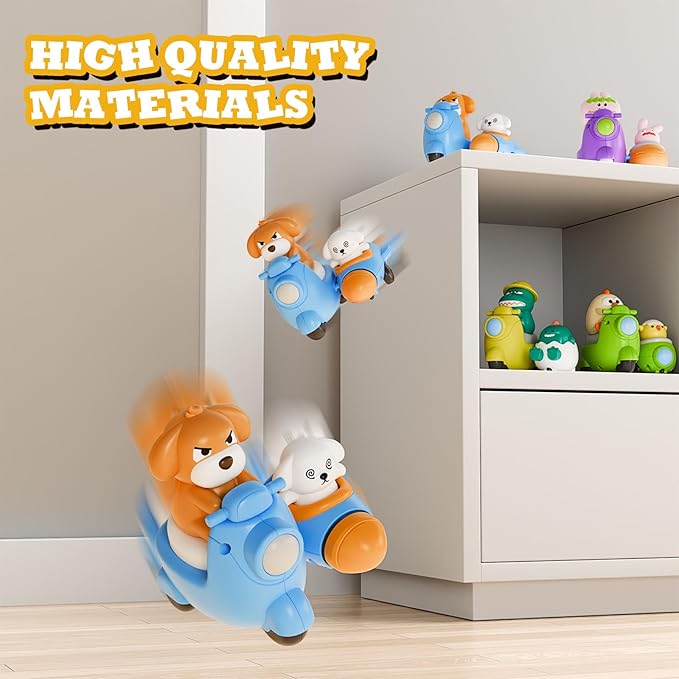 Press and Go 4-Pack Animal Car Toys for Toddlers 1-3, Dinosaur Toy Push Cars for 1 Year Old Boys Girls - Baby Toys 12-18 Months, Safe Push & Go Vehicles for 1st Birthday Gifts & Christmas.