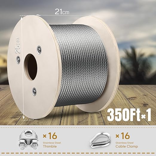 1/4" Stainless Steel Cable, 350FT Wire Rope Aircraft Cable with Cable Clamps and Thimbles for Backyard Zipline, String Lights and Deck Railing, 6x37 Strands Construction