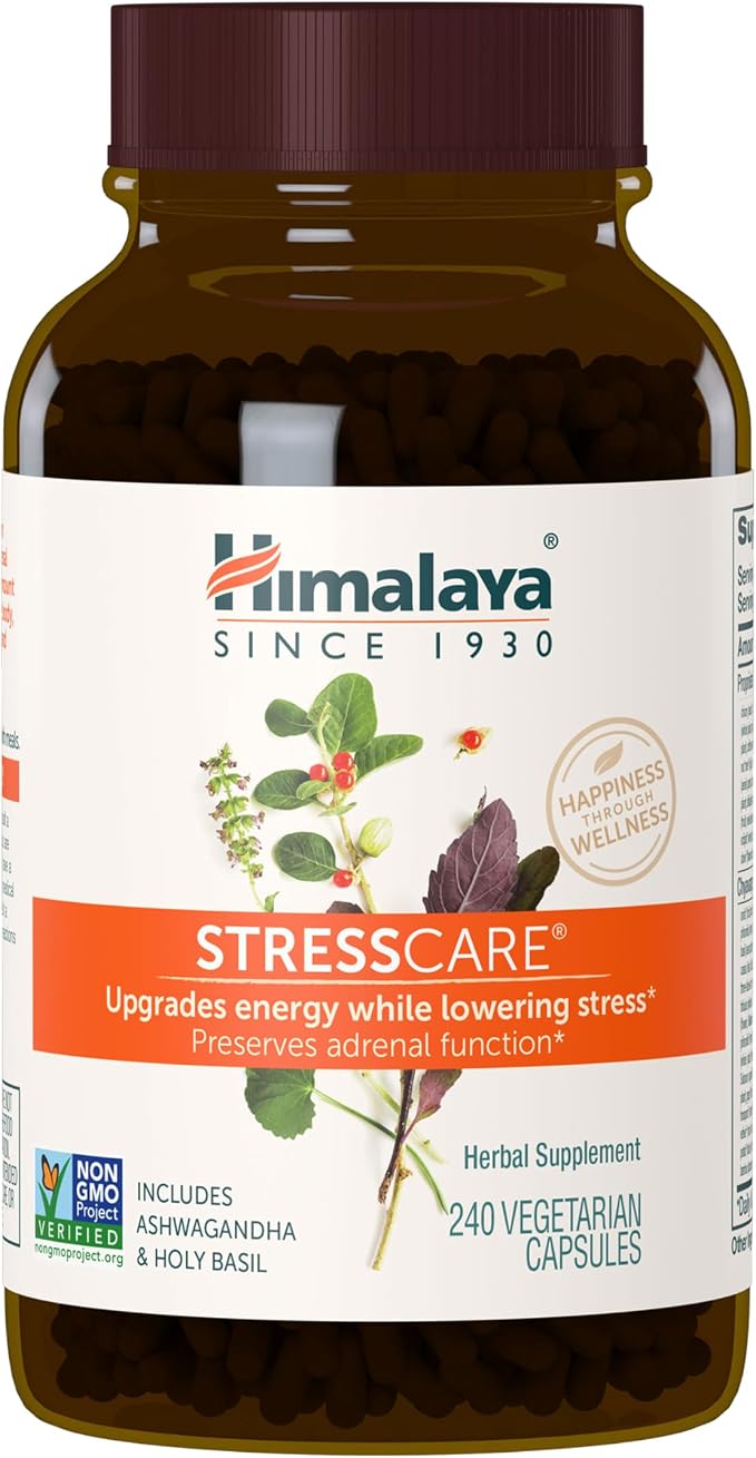 Himalaya StressCare Herbal Supplement, Supports Stress Relief, Energy Support, Relaxation, Occasional Sleeplessness, Ashwagandha, Holy Basil/Tulsi, Gotu Kola, Non-GMO, Vegetarian, 240 Capsules