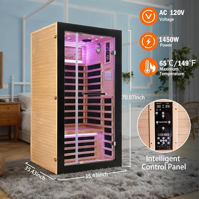 Sauna, 1-Person Far Infrared Sauna, Low EMF Indoor Home Sauna 1450W | Canadian Hemlock Wood Luxurious Dry Sauna with 7 Color Starry Ceiling & Speakers Fast Heating Easy Assembly 35.4x35.4x70.8"
