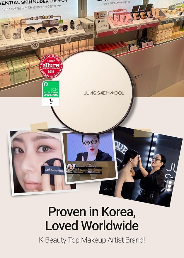 JUNG SAEM MOOL Essential Skin Nuder Cushion | Natural Finish, Buildable Coverage Cushion Foundation by Korean Makeup Artist (Refill Included, 0.98 Fl Oz, SPF 50), 19 Pink Light