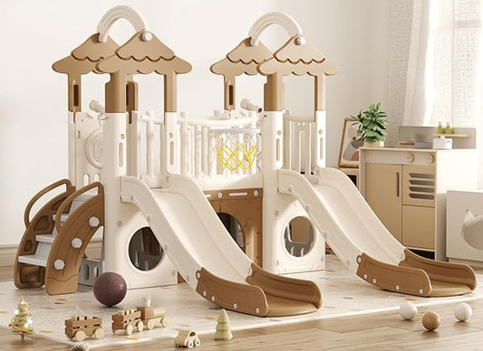 YUFU 9 in 1 Toddler Slide, Kids Slide Playset with Double Slide, Climber, Basketball Hoop, Tunnel and Storage Space, Indoor Outdoor Playground for Toddlers Age 1-3 (Brown)