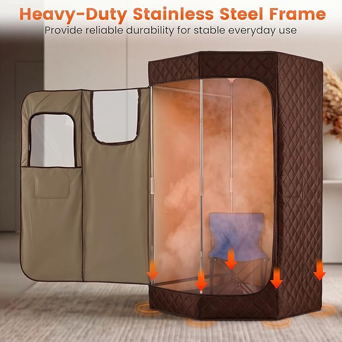 Giantex 3L Portable Steam Sauna, Fast-Heat Large Pentagon Sauna Box for Home, 9-Level Remote Control, 99-Min Timer, Folding Chair, Foot Roller, Mat, 35.5" x 35.5" x 71" Sauna Tent (Brown)