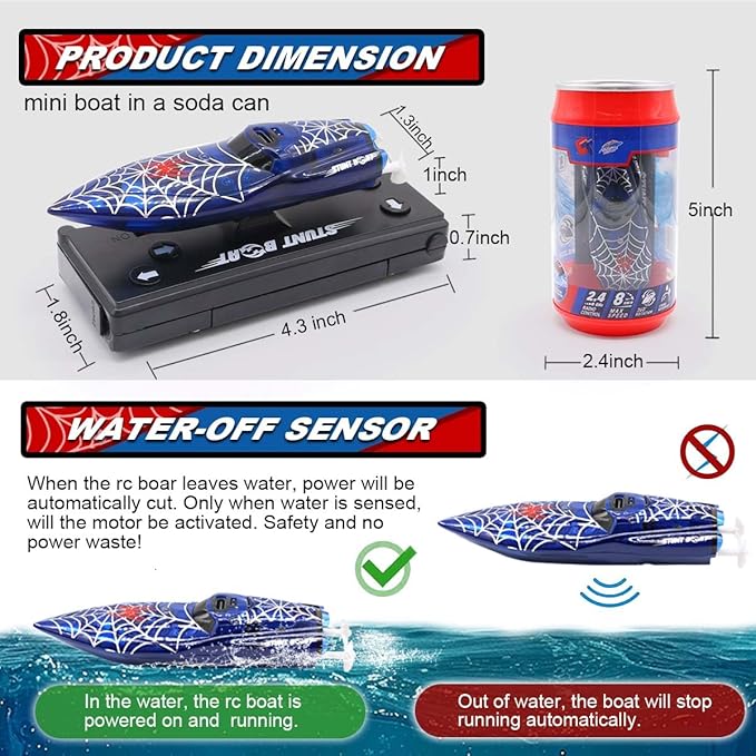 Mini Remote Control Boat RC Boat 2.4Ghz 360 Rotating LED Lights bulit-in Rechargeable Battery Swimming Pool BathtubToys Remote Control Boats for Kids 8-12 Years Birthday Gift Spider