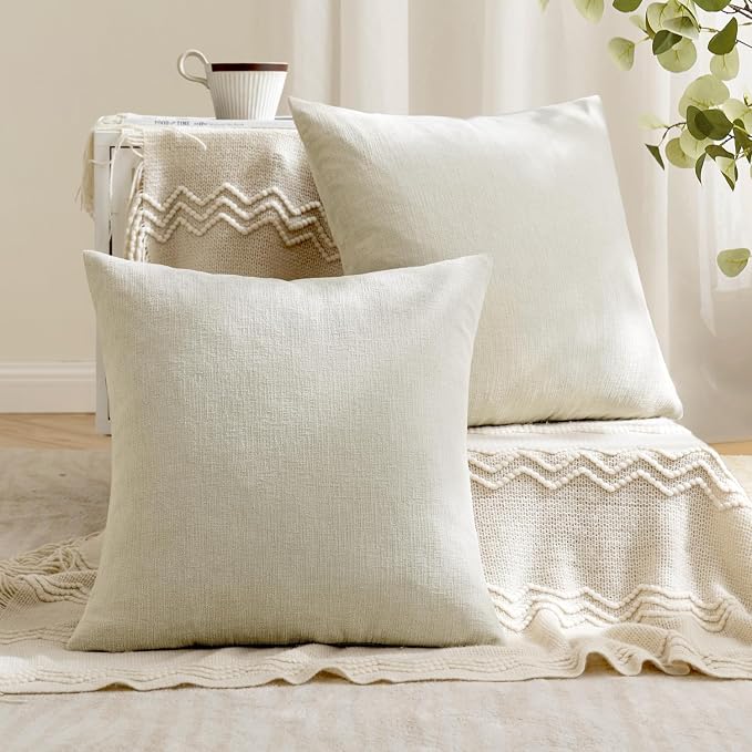 MIULEE Cream Chenille Couch Throw Pillow Covers, 18x18 | Set of 2, Soft Farmhouse Modern Home Decor, Decorative Pillowcases for Sofa Living Room Bed