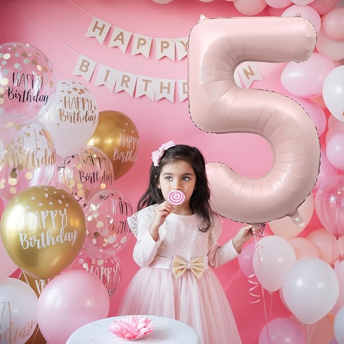 Big Number 5 Balloons, Dusty Light Blush Pink Foil 5 Balloon Numbers 40 inch, Giant 5th Birthday Party Decor, Pastel Baby Pink Mylar Helium Self Inflating Balloon for Girls Anniversary Decorations