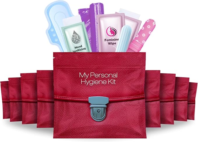 Menstrual Kit All-in-One 10 Pack | Convenience on the Go | Period Kit Pack for Travelling, Tweens & Teenagers or just When You’re Out | Individually Wrapped Feminine Hygiene Product (Red Purse)