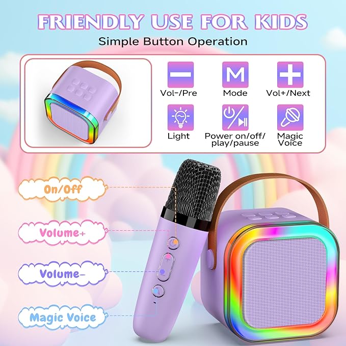 Mini Karaoke Machine with 2 Mics, Wireless Microphones for Kids Adults Toddler with LED Party Lights, Kids Microphone Christmas Birthday Gift for Girls Toys 4, 5, 6, 7, 8, 10 12+ Years Old 【Purple】