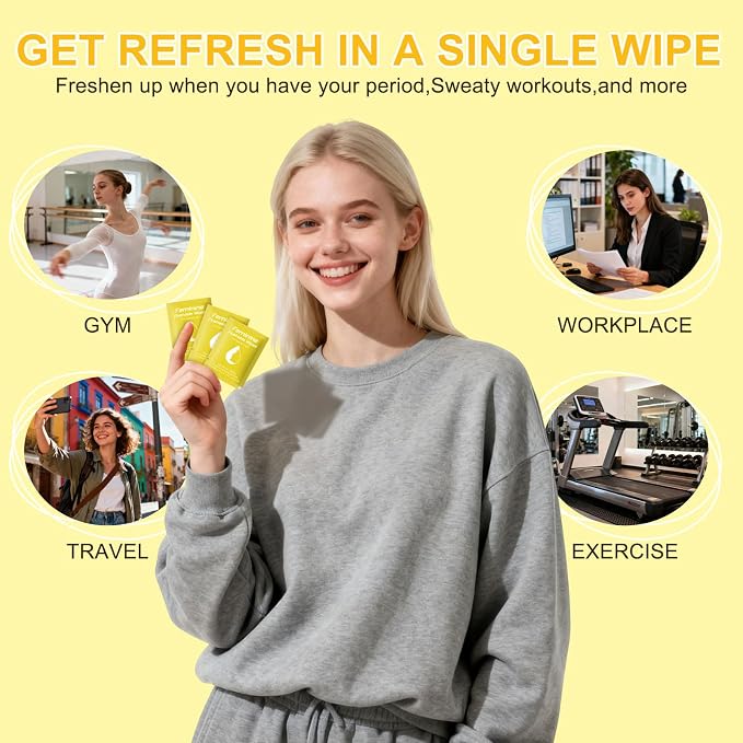 twoworld 100 Feminine Wipes Flushable Travel Individually Wrapped | Travel Wipes for Women,Feminine Care Wet Wipes Travel Size Vaginal Wipes for Adult,Girl and Homeless(Lemon)